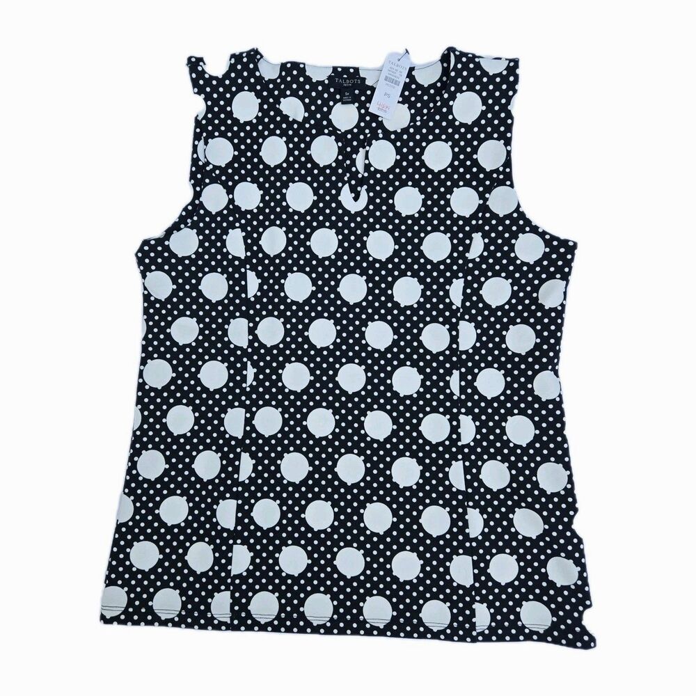 Talbots Petite Small Black & White Polka Dot Sleeveless Tunic Blouse NWT